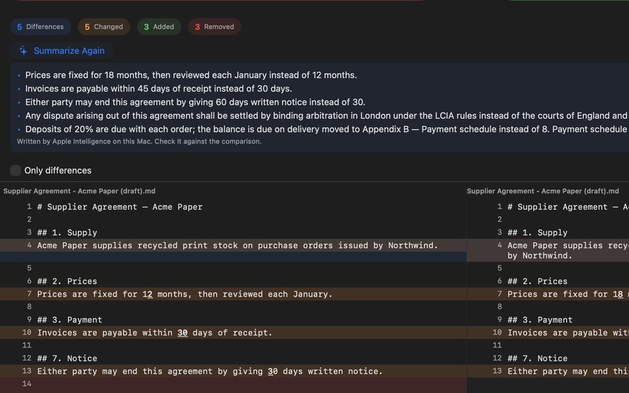 File Comparator comparing a version from Version History with the current file, with a What Changed? list above: prices fixed for 18 months instead of 12, 60 days' notice instead of 30, arbitration in London, payment schedule moved to Appendix B
