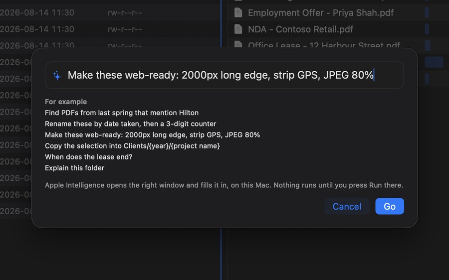 The Do… command bar with the request “Make these web-ready: 2000px long edge, strip GPS, JPEG 80%” and example requests below