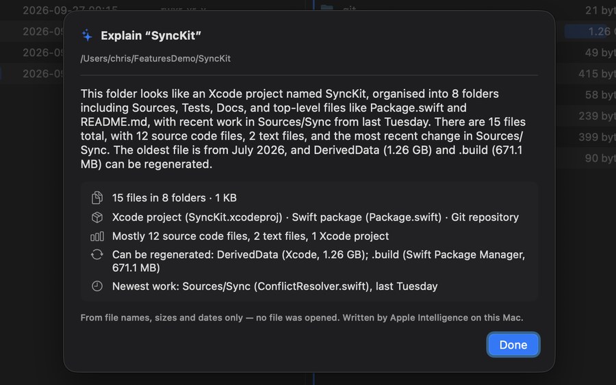 Explain This Folder describing SyncKit as an Xcode project with a Swift package, DerivedData and .build as regenerable, and the newest work in Sources/Sync last Tuesday