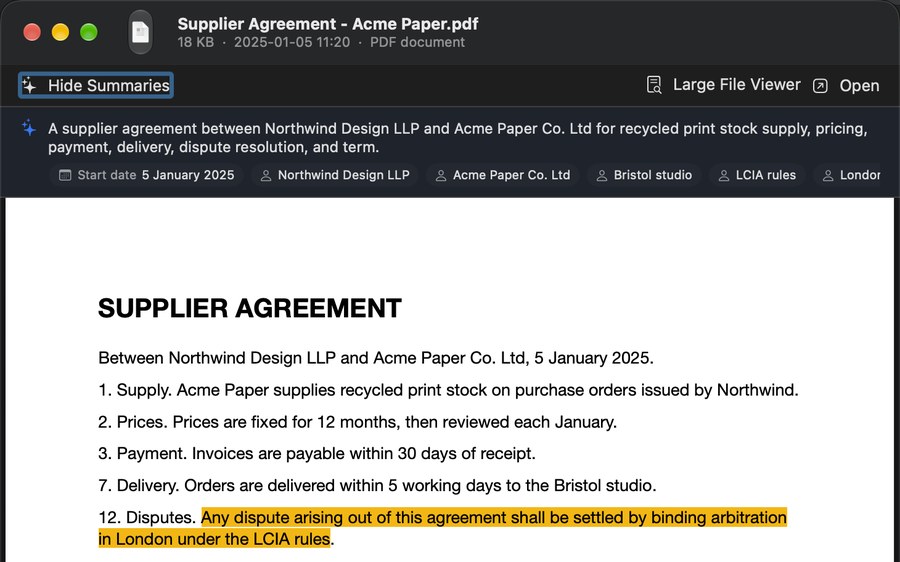 Preview window with a summary strip above a supplier agreement: what it is, its start date, and the parties named
