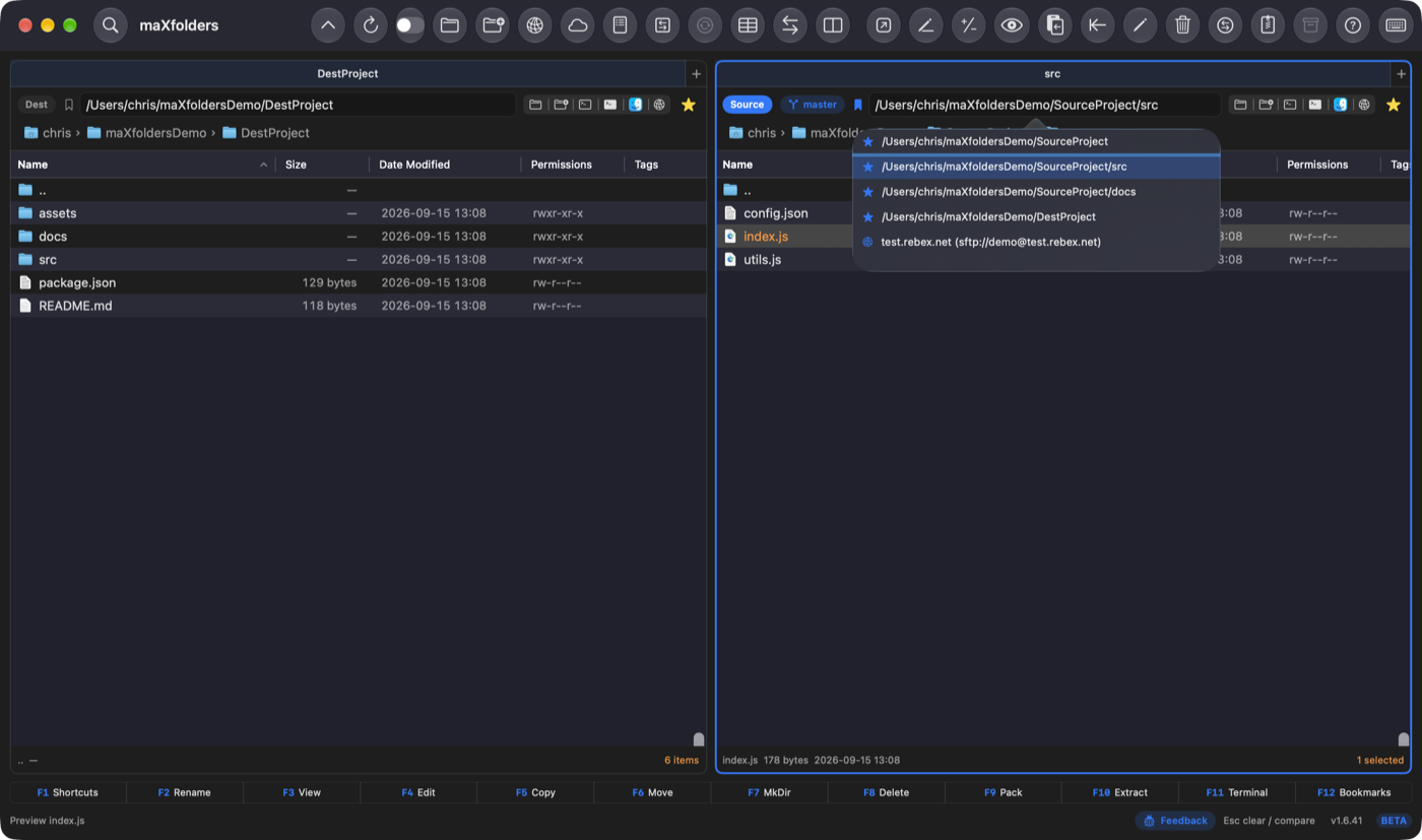 maXfolders dual-pane window with bookmark menu open