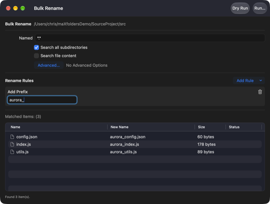 maXfolders Bulk Rename window showing the Named filter, rename rules, and matched items table