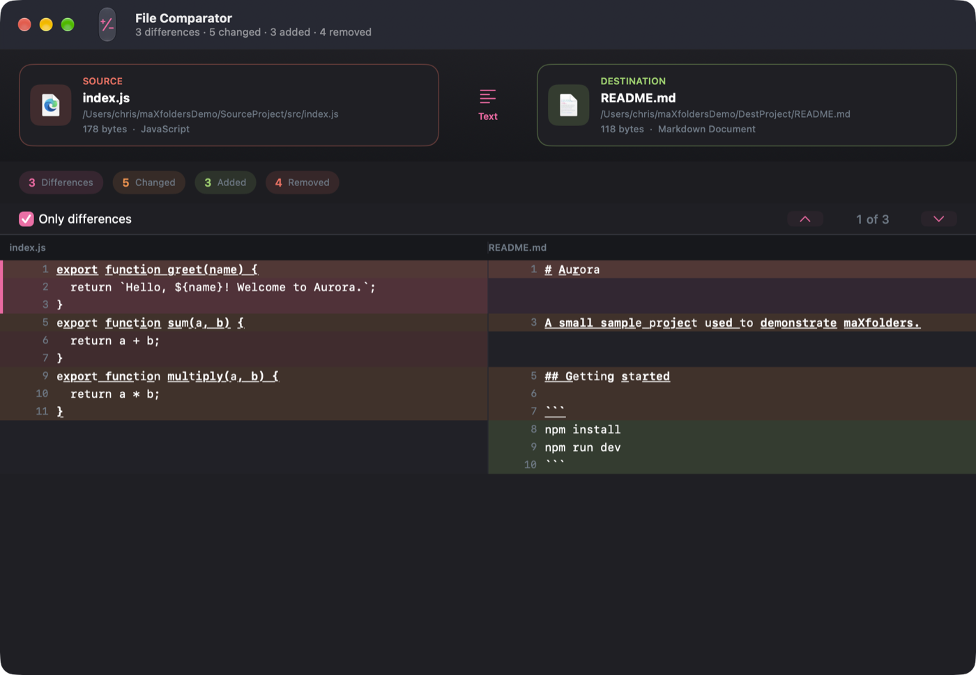 File Comparator with Only differences enabled