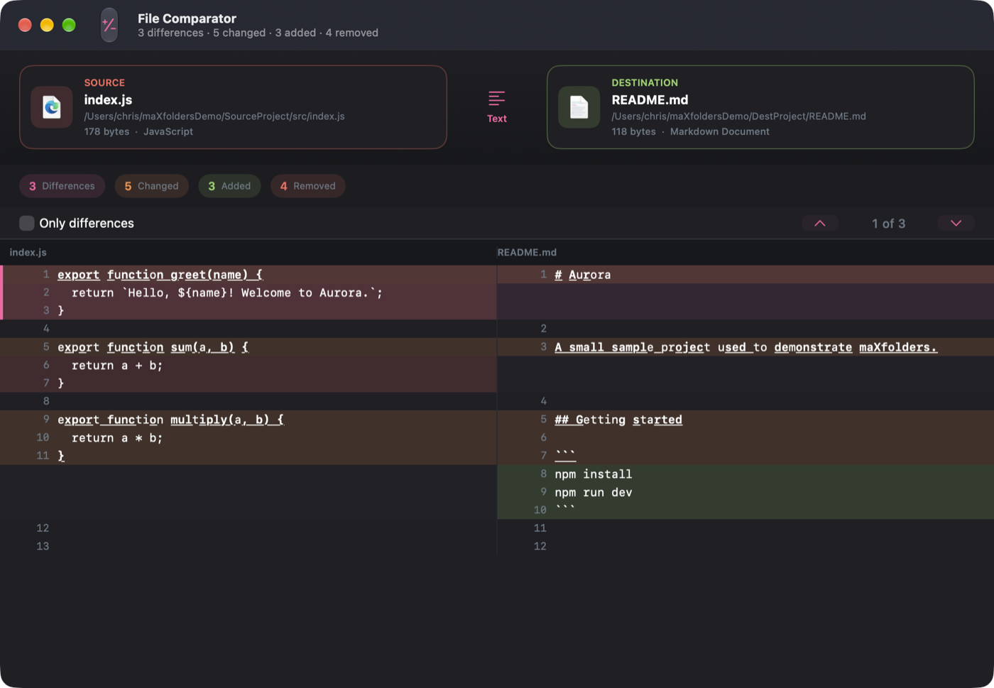 File Comparator window showing JSON differences
