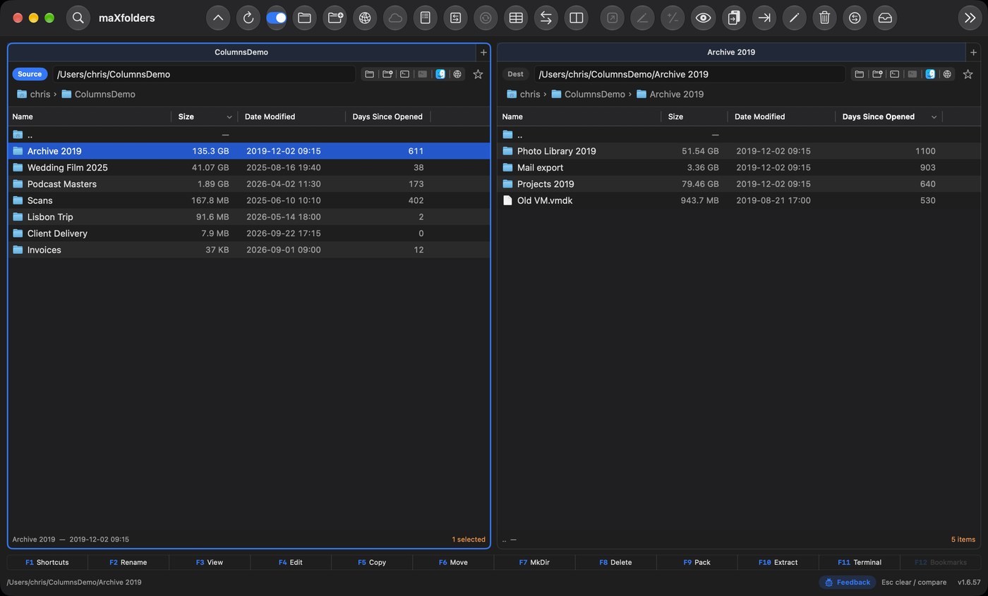 maXfolders with folder sizes in the Size column sorted largest first — Archive 2019 at 135.3 GB, Wedding Film 2025 at 41.07 GB — and a Days Since Opened column showing Archive 2019 last opened 611 days ago; the other pane lists its subfolders by days since opened, oldest first