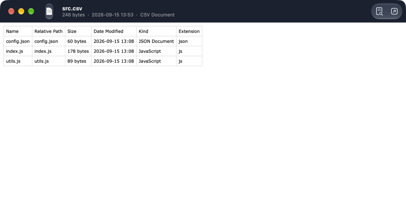 Save File List CSV output opened in the Preview window