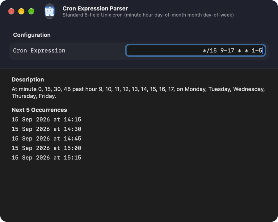 Cron Expression Parser tool window