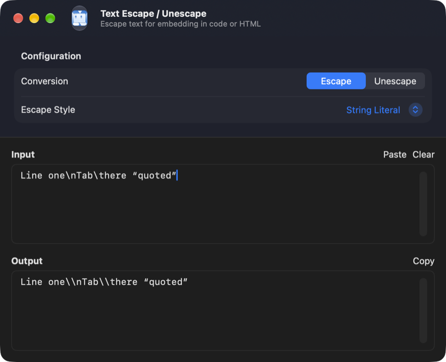 Text Escape / Unescape tool window