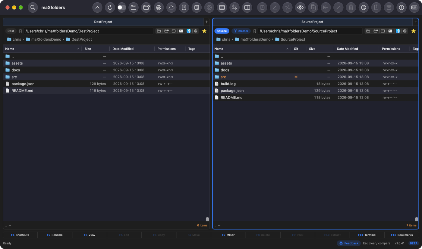 maXfolders with Source on the right pane