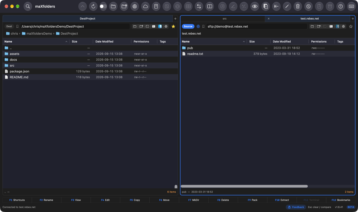 maXfolders pane connected to and browsing an SFTP server