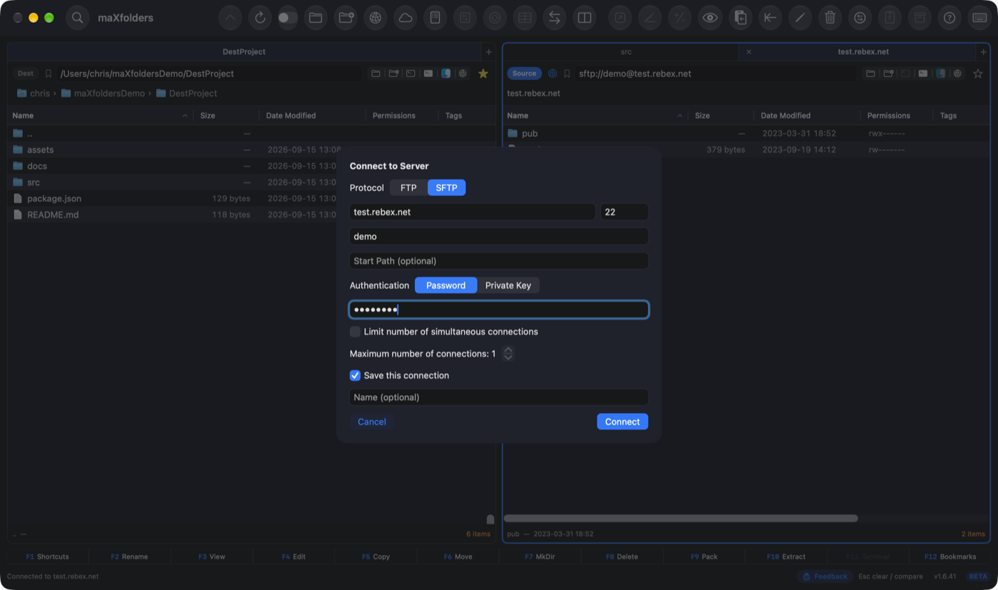 maXfolders Connect to Server dialog set to SFTP
