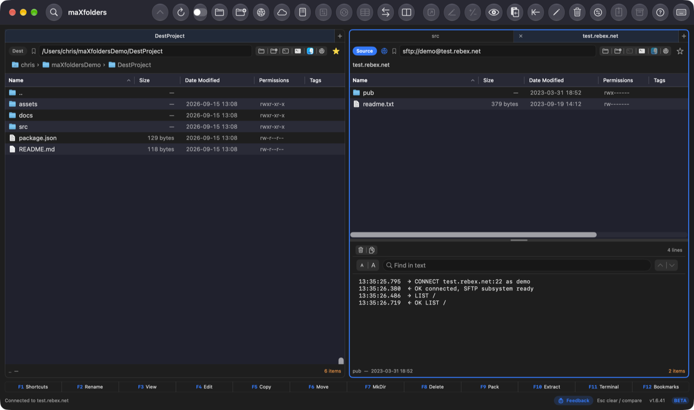 maXfolders showing the live FTP command and response log below the file list on a remote tab