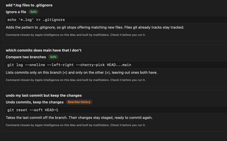 Ask Git answering “add *.log files to .gitignore”, “which commits does main have that I don't” and “undo my last commit but keep the changes”