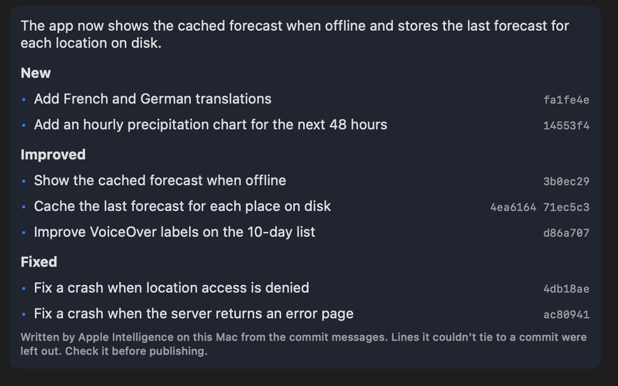 Release notes from v2.3 grouped into New, Improved and Fixed, each line tied to its commits