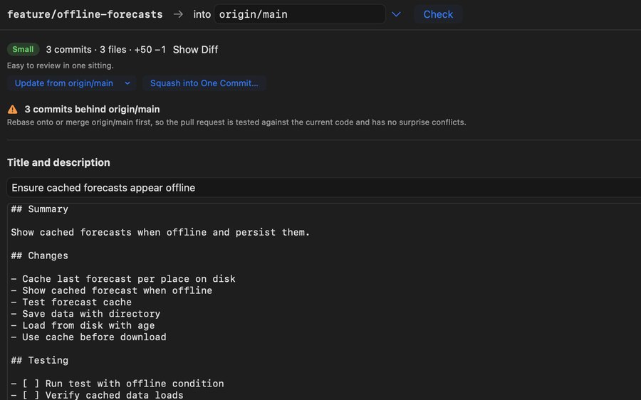 A pull request three commits behind main, with Update from origin/main, Squash into One Commit and a drafted description