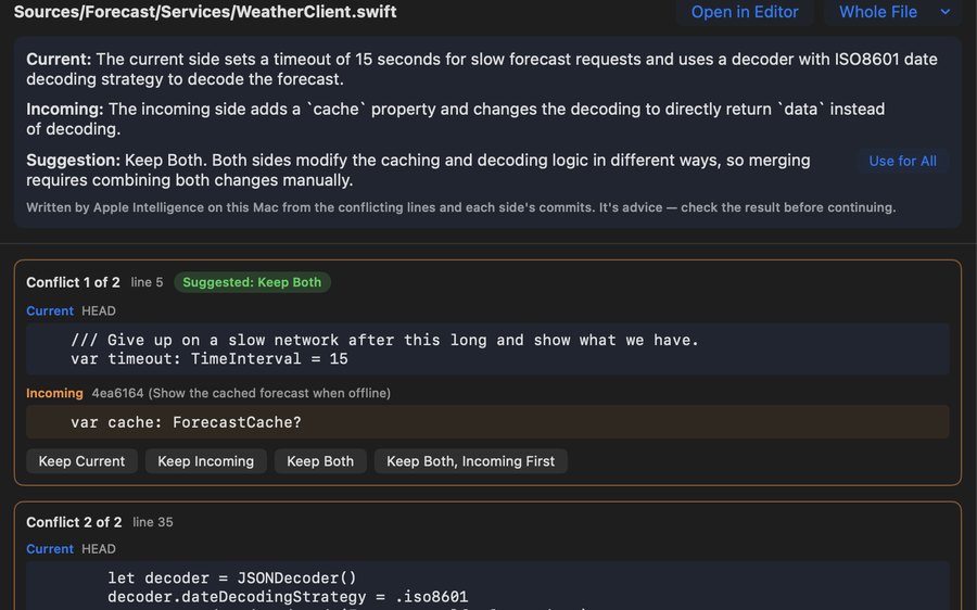 A rebase stopped on WeatherClient.swift: Apple Intelligence explains both sides and suggests Keep Both