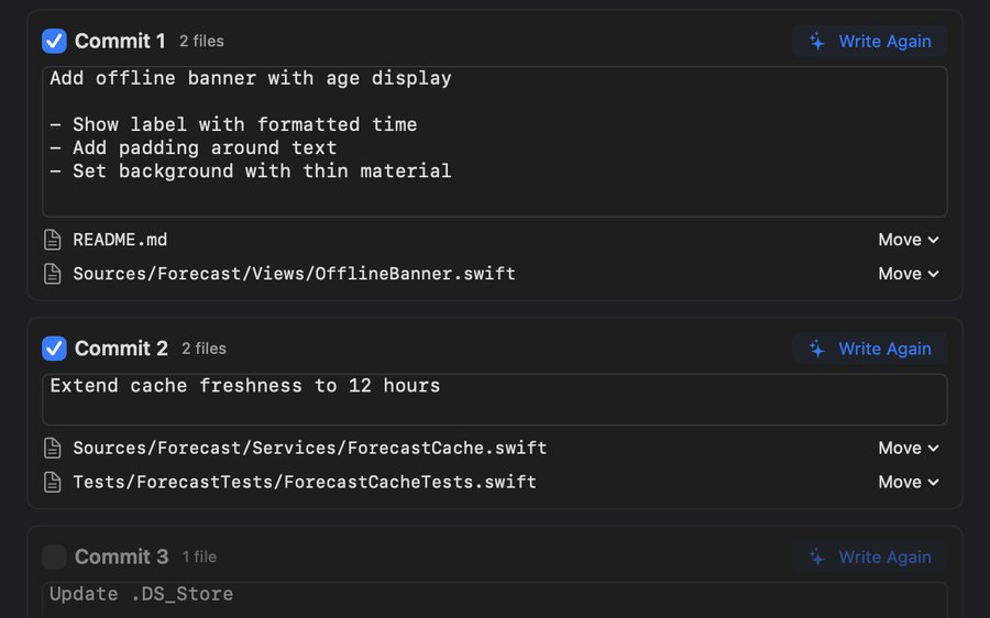 Split into Commits proposing an offline-banner commit with its README line and a cache commit with its test, leaving .DS_Store out