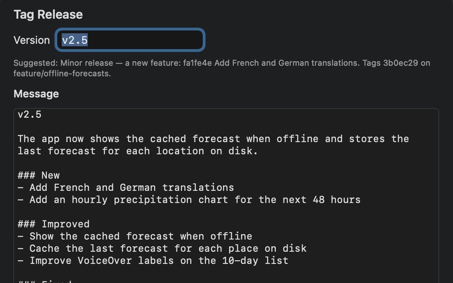 Tag Release suggesting v2.5 as a minor release, with the release notes as the tag message