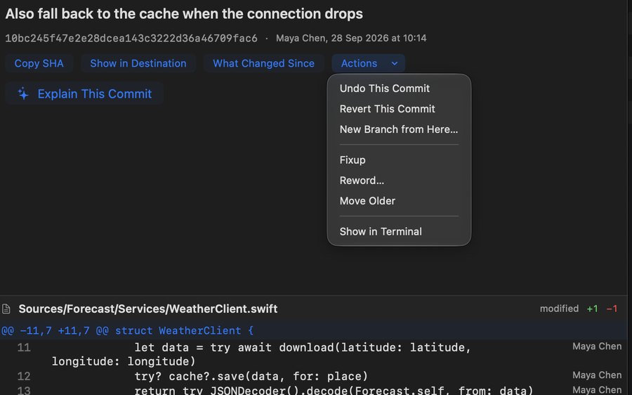 An unpushed commit's Actions menu offering Fixup, Reword… and Move Older