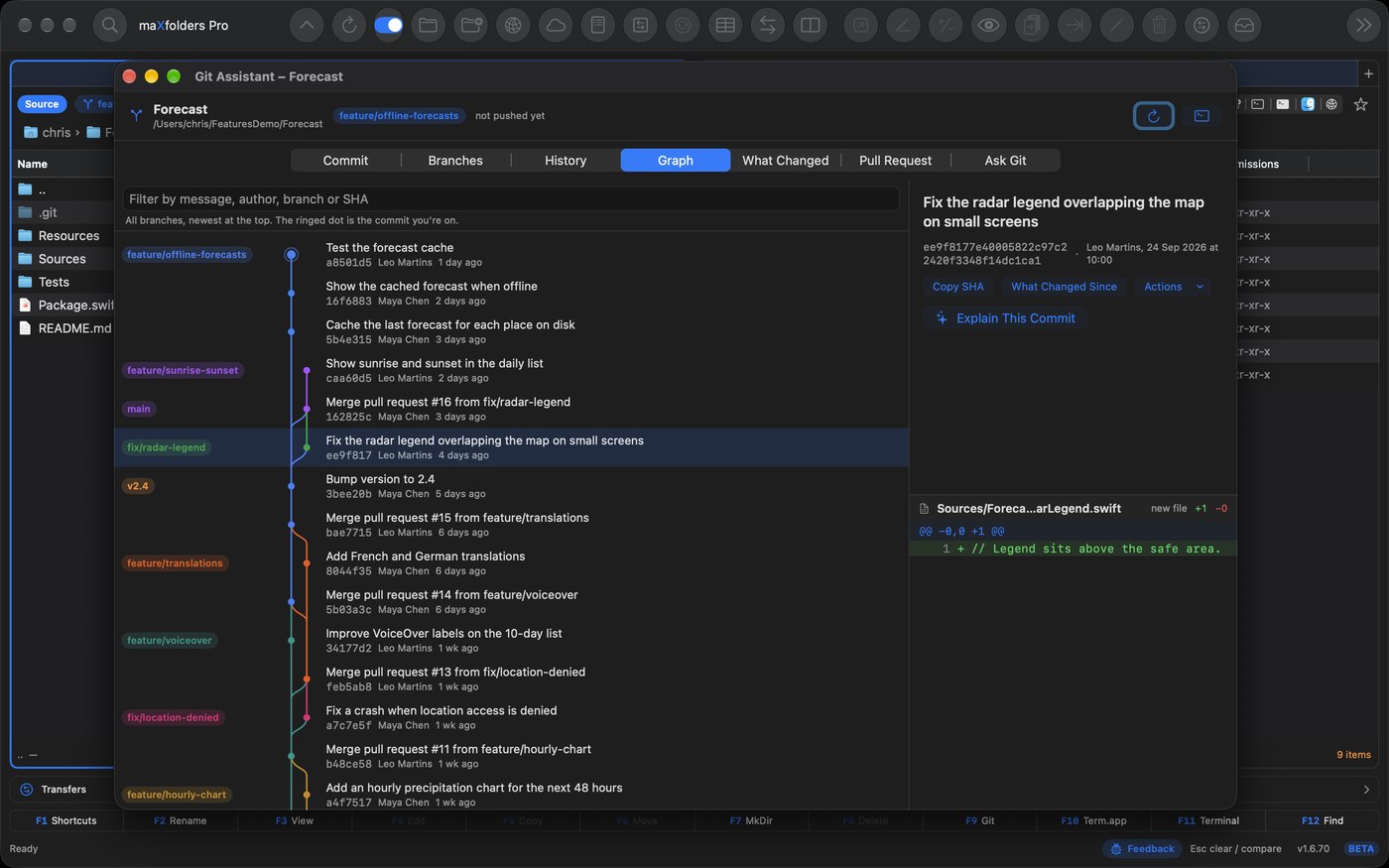 Git Assistant’s Graph tab for the Forecast repository: every branch as a colored lane — feature/offline-forecasts, feature/sunrise-sunset, main, fix/radar-legend and the merged feature branches — joining where pull requests were merged, with branch and tag names such as v2.4 on their commits, and the selected radar-legend fix with its diff