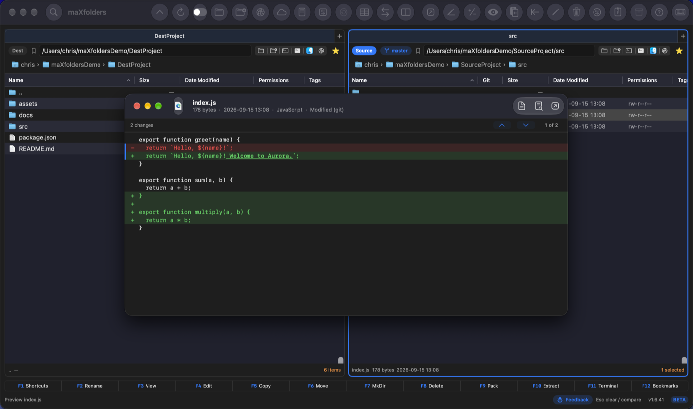 maXfolders showing the git branch badge next to the path field, with a colored diff open in the Preview window