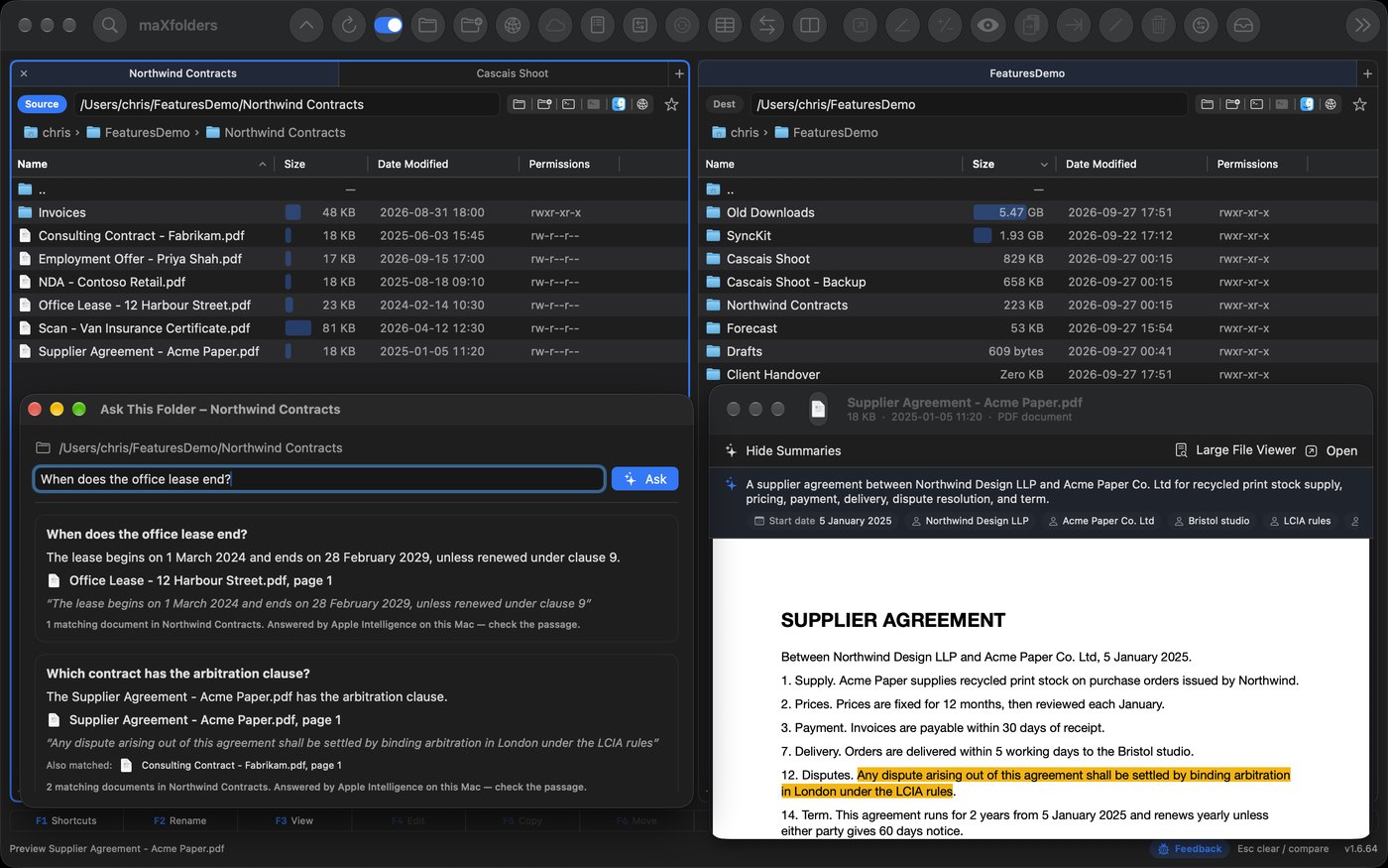 maXfolders with two panes: a folder of contracts on the left, with tabs, and folders sorted by size with size bars on the right. Below, Ask This Folder answers “When does the office lease end?” and “Which contract has the arbitration clause?”, each with the file and page, and Preview shows the supplier agreement with a two-line summary and the arbitration clause highlighted
