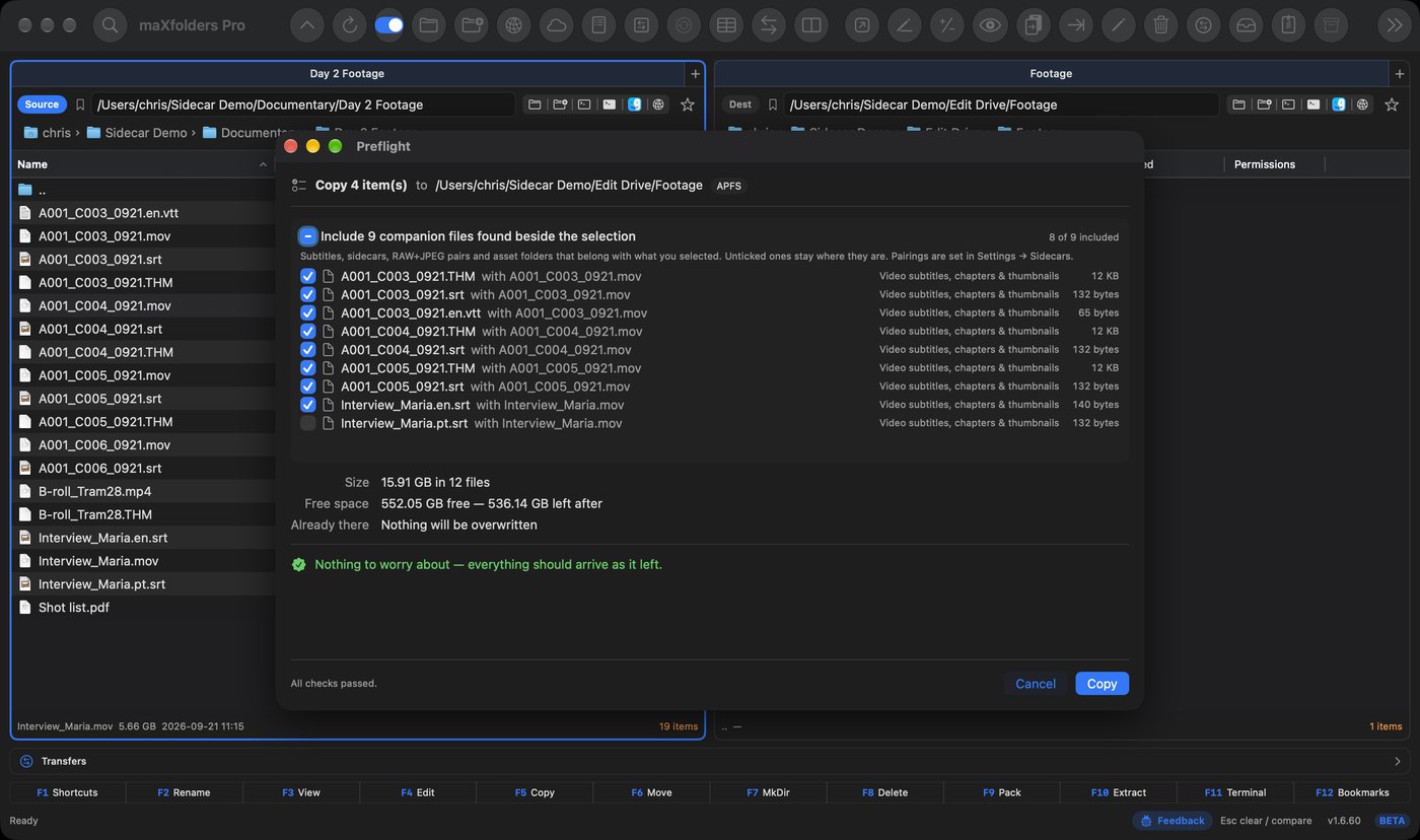 maXfolders Pro Preflight panel before copying four video clips, listing nine companion files found beside them — .THM thumbnails, .srt subtitles and a .vtt caption file — each ticked except one Portuguese subtitle