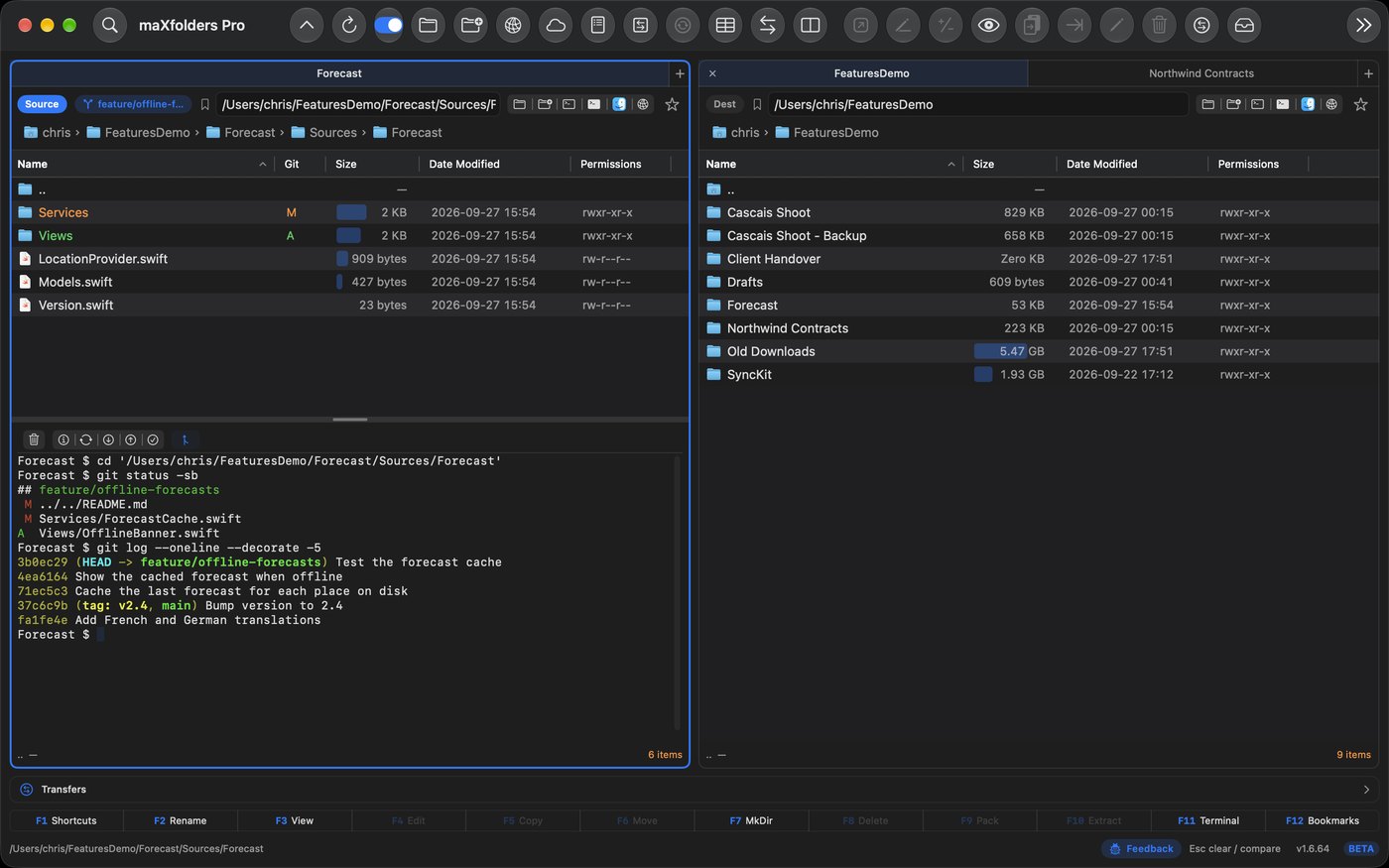 maXfolders Pro with the embedded terminal open below a git working tree: the shell changed directory as the pane moved into Sources/Forecast, then showed git status and the last five commits, with the Git toolbar above the shell