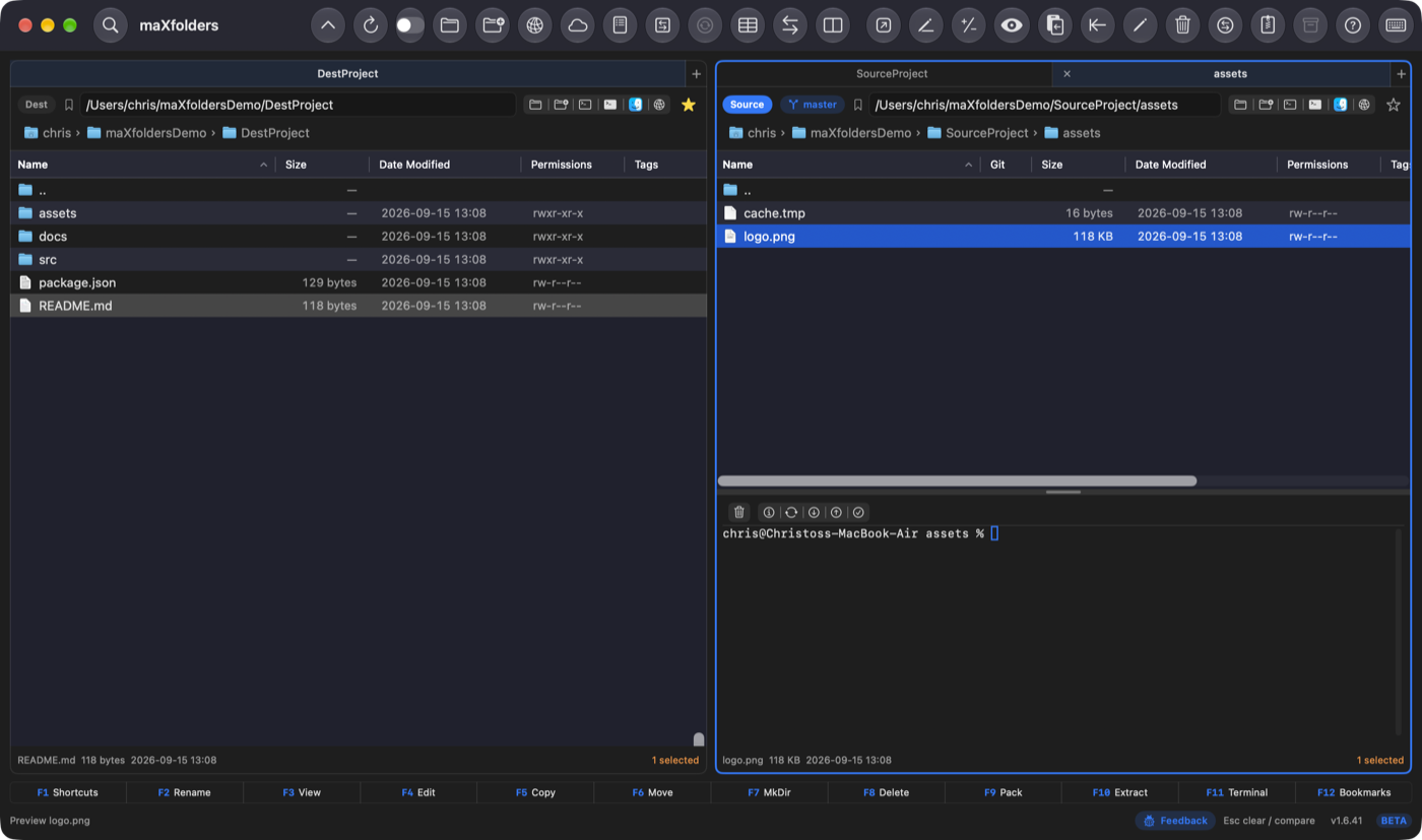maXfolders embedded terminal open below the file list, in the same folder as the pane above it