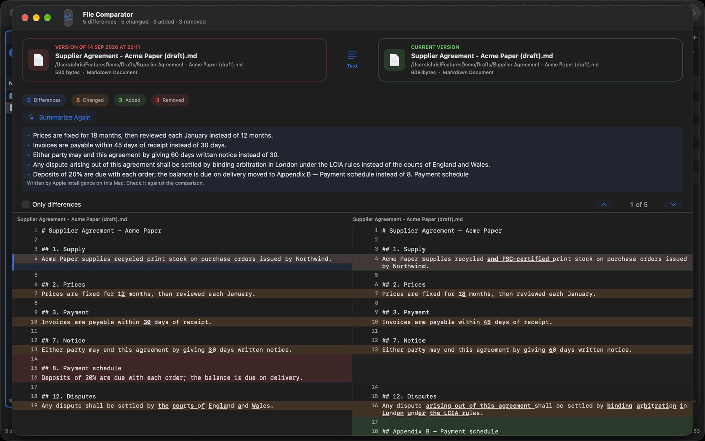 File Comparator comparing a version from Version History with the current contract, with a What Changed? list above the diff: prices fixed for 18 months instead of 12, 60 days' notice instead of 30, disputes to arbitration in London, and the payment schedule moved to Appendix B